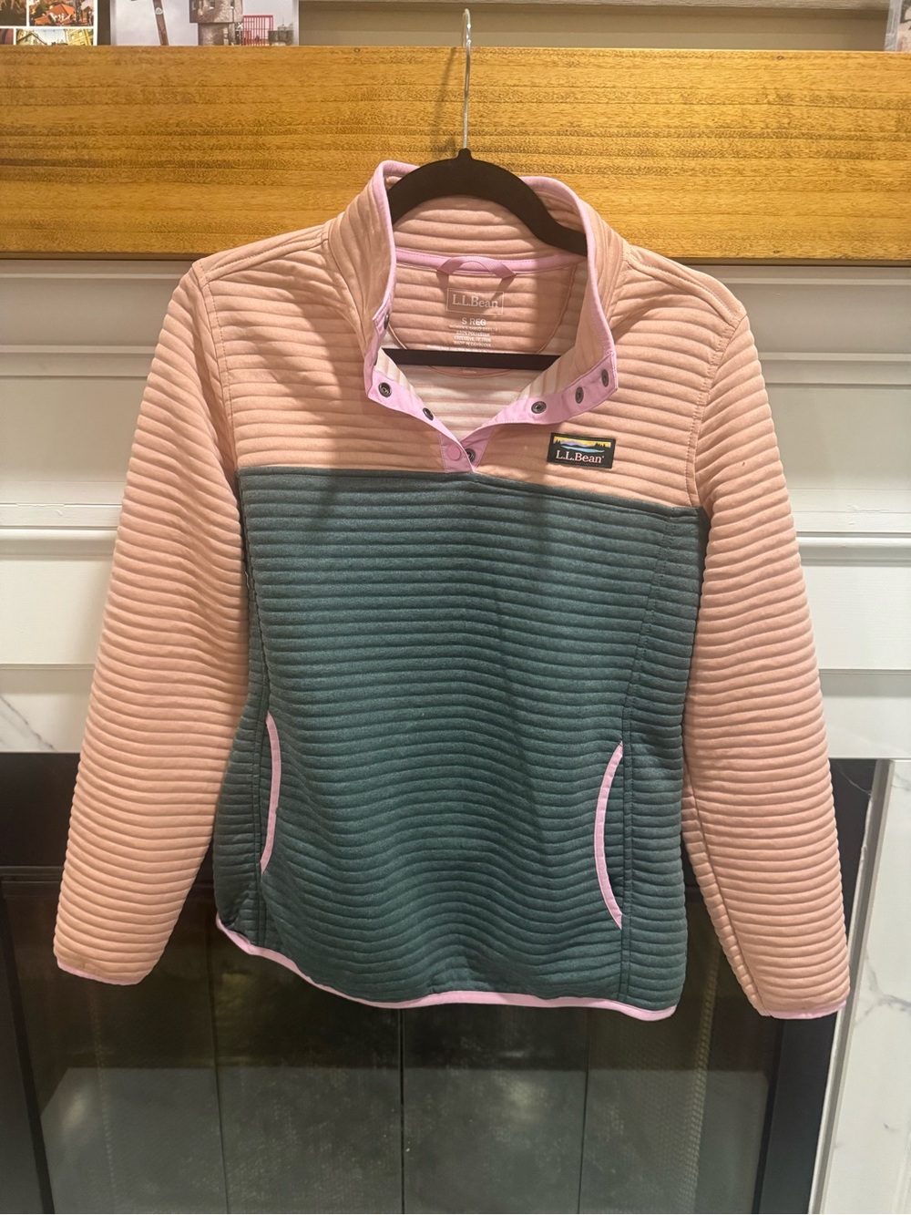 L.L. Bean Quilted Pink and Green Snap-Front Pullover